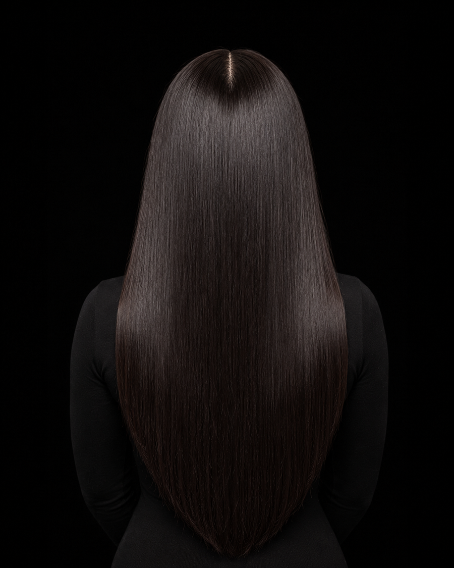 Straight Bundle installed, back view, sleek straight hair with a centre part