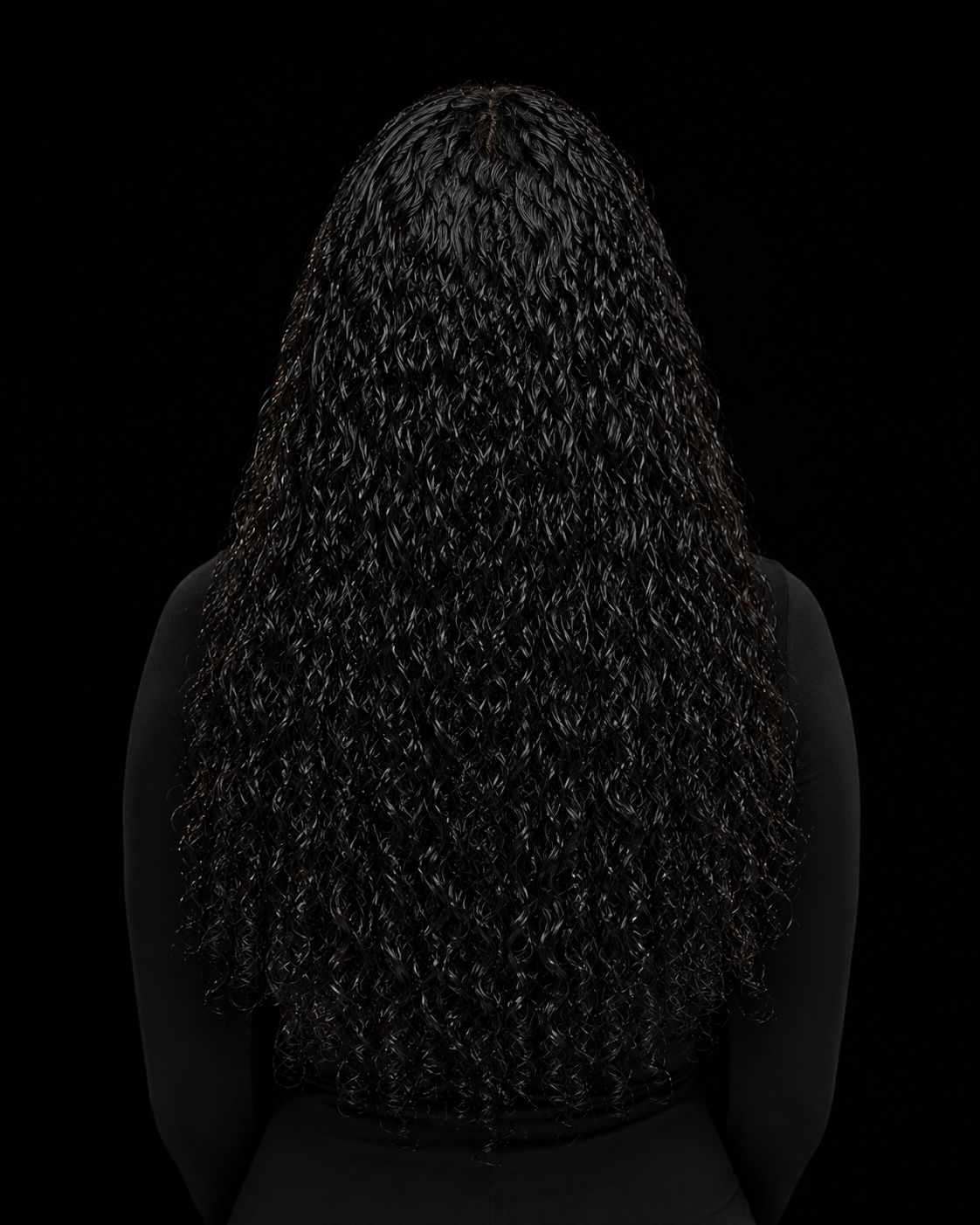 Curly Bundle in a full install, back view, dark defined curls