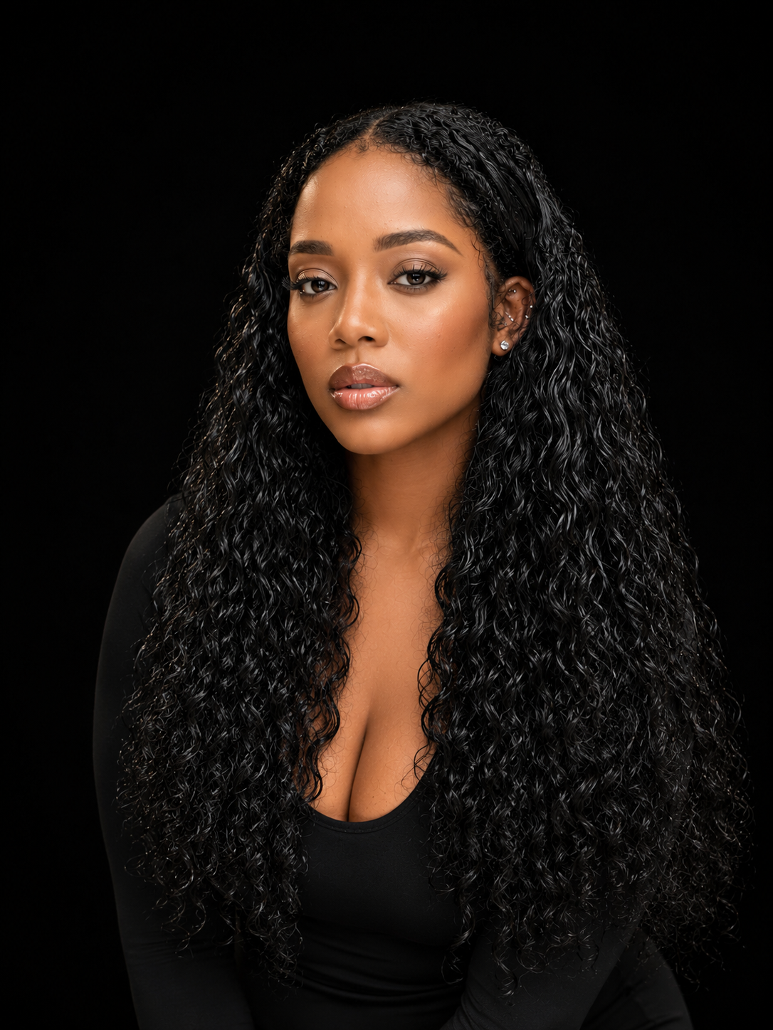Model wearing Curly Bundle, front view, dark curls to the wais