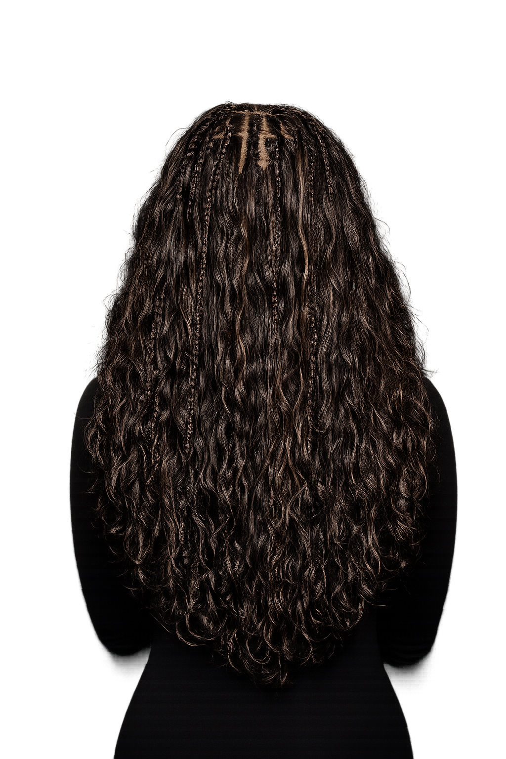 Deep Wave 3 Bundle Deal, back view with braided parting and honey highlights