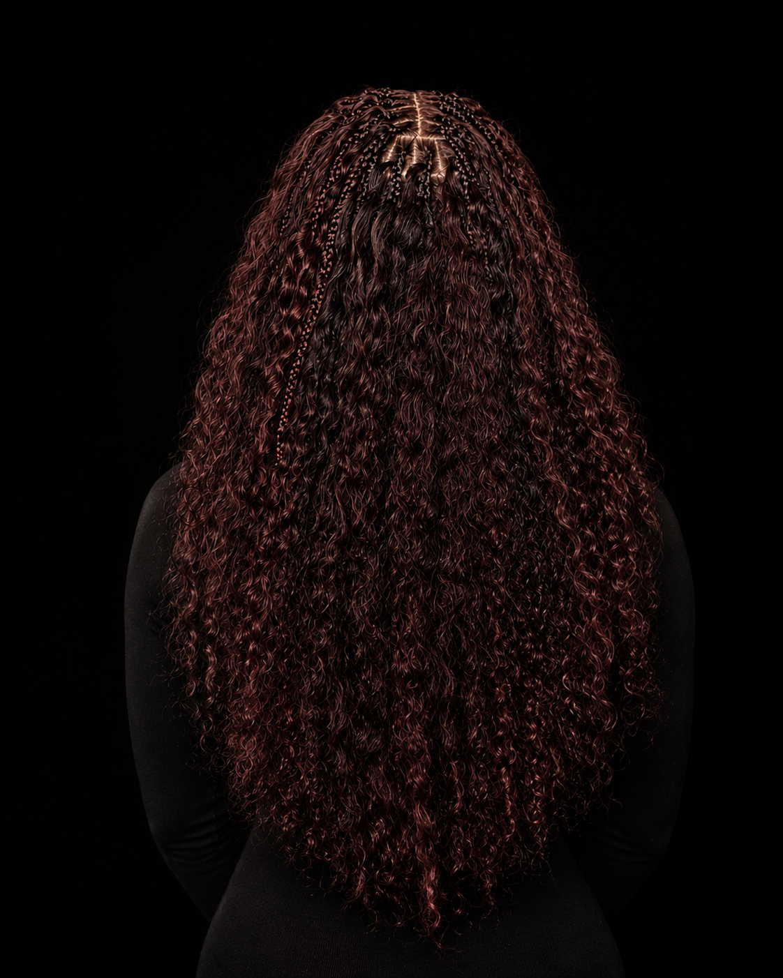 Burmese Bundle in a boho style back view, curls falling past the waist