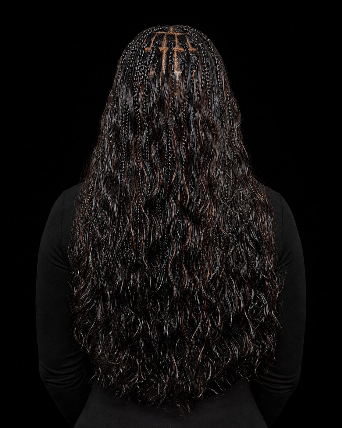 Loose Wave Bundle installed, back view with braided parting, dark waves